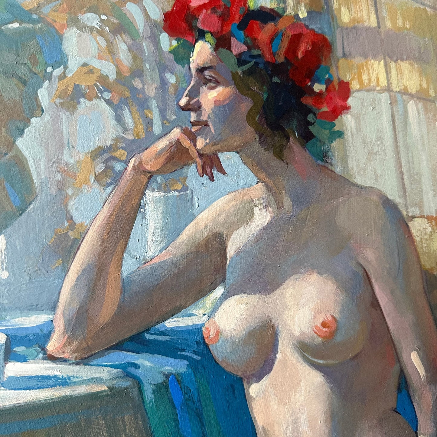 ORIGINAL PAINTING, modern painting, oil painting, impressionism, portrait, female portrait, nude, Near the window, artist N. Butkovsky