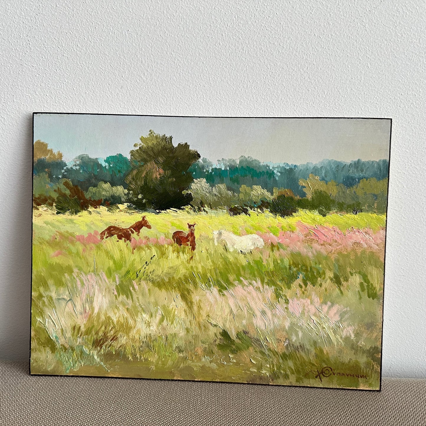 ORIGINAL PAINTING, modern painting, oil painting, impressionism, landscape, rural landscape, Horses, On the pasture, artist Yu. Suprunchuk