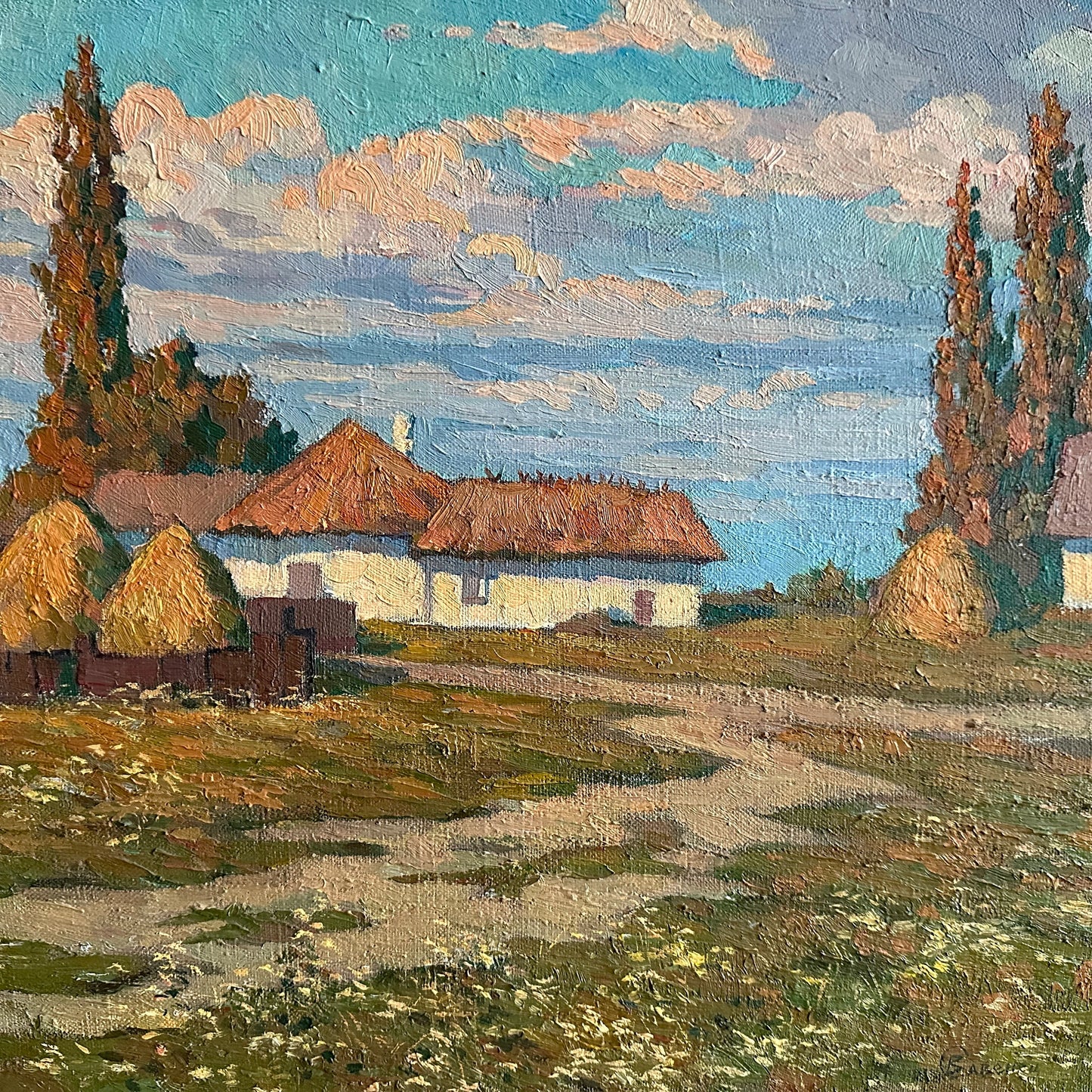 VINTAGE ORIGINAL PAINTING, oil painting, vintage realism, modern painting, impressionism, landscape, Bright sunset, artist V. Savenets