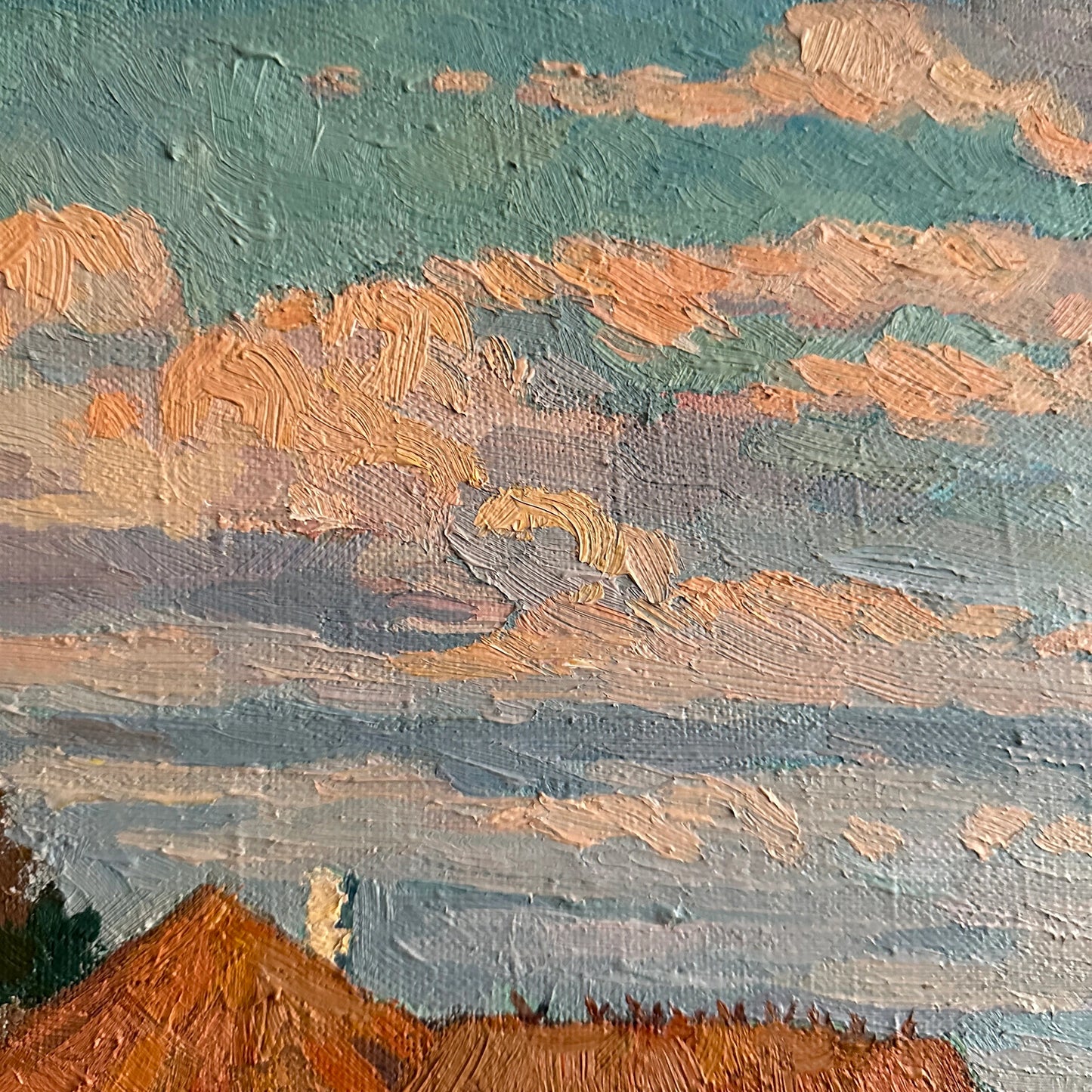 VINTAGE ORIGINAL PAINTING, oil painting, vintage realism, modern painting, impressionism, landscape, Bright sunset, artist V. Savenets