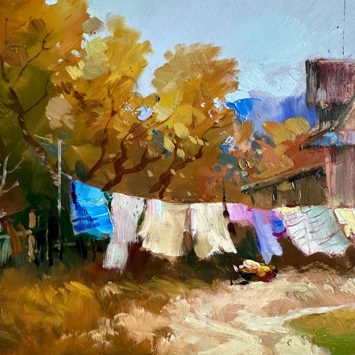 ORIGINAL PAINTING, modern painting, oil painting, impressionism, landscape, rural landscape, Country yard, Big Wash, artist Yu. Suprunchuk