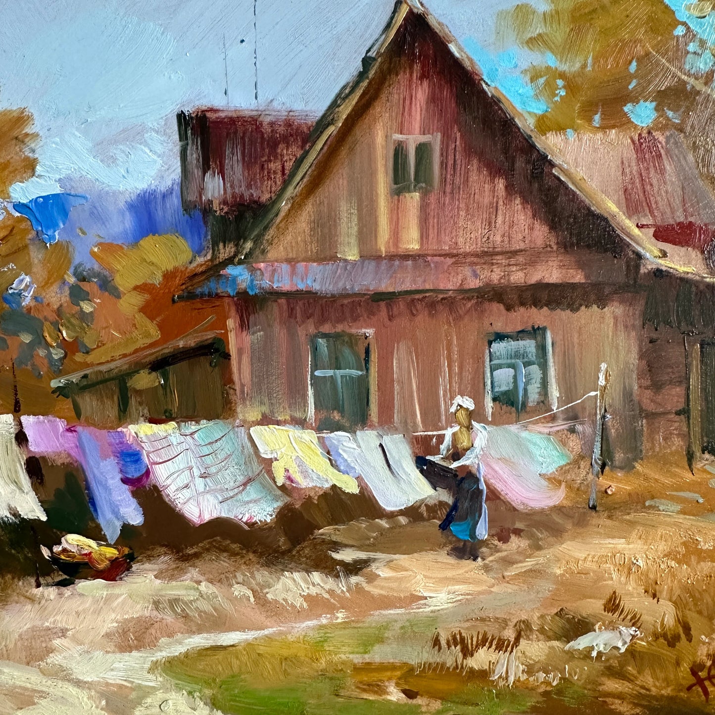 ORIGINAL PAINTING, modern painting, oil painting, impressionism, landscape, rural landscape, Country yard, Big Wash, artist Yu. Suprunchuk