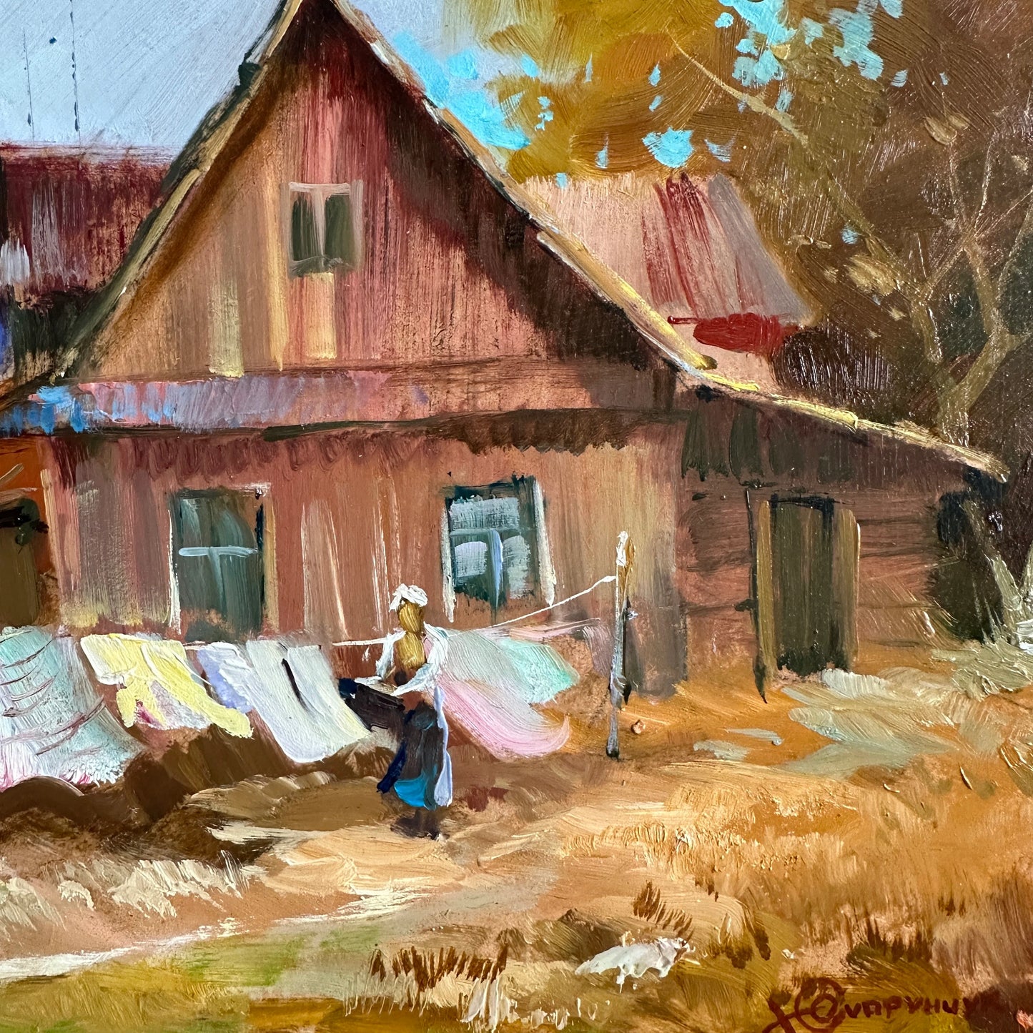 ORIGINAL PAINTING, modern painting, oil painting, impressionism, landscape, rural landscape, Country yard, Big Wash, artist Yu. Suprunchuk