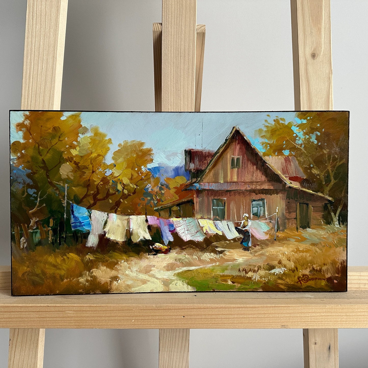 ORIGINAL PAINTING, modern painting, oil painting, impressionism, landscape, rural landscape, Country yard, Big Wash, artist Yu. Suprunchuk