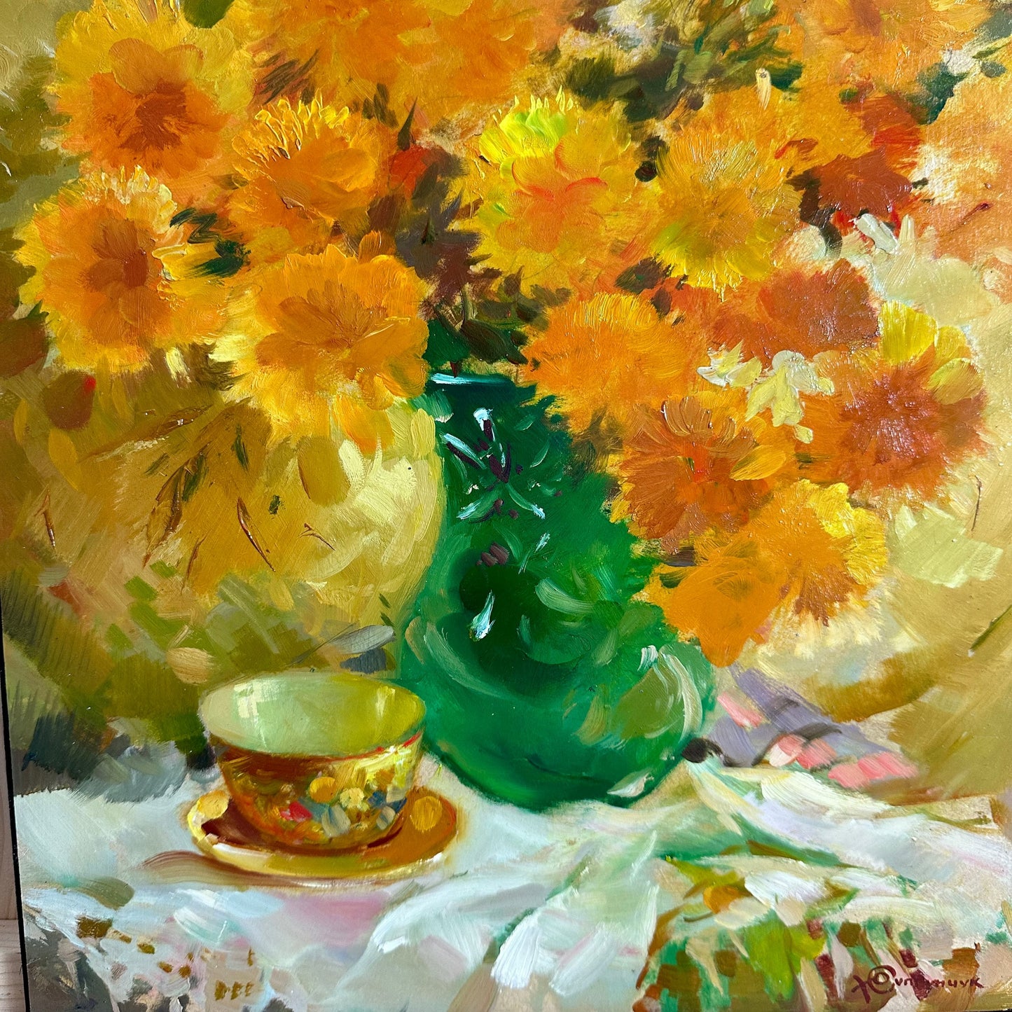 ORIGINAL PAINTING, oil painting, socialist realism, rural life, still life, Bouquet of yellow flowers, artist Yu. Suprunchuk