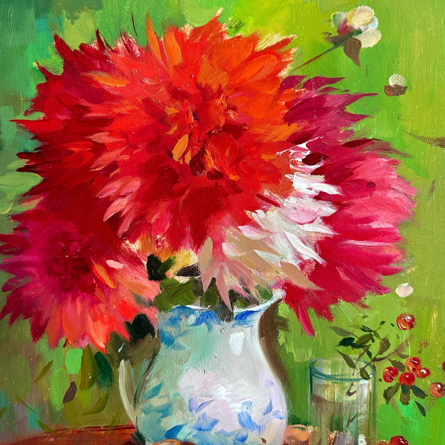 ORIGINAL PAINTING, oil painting, rural life, still life, Bouquet of red flowers, artist Yu. Suprunchuk