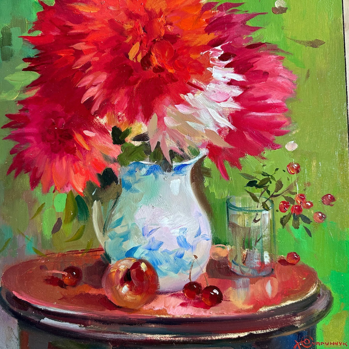 ORIGINAL PAINTING, oil painting, rural life, still life, Bouquet of red flowers, artist Yu. Suprunchuk