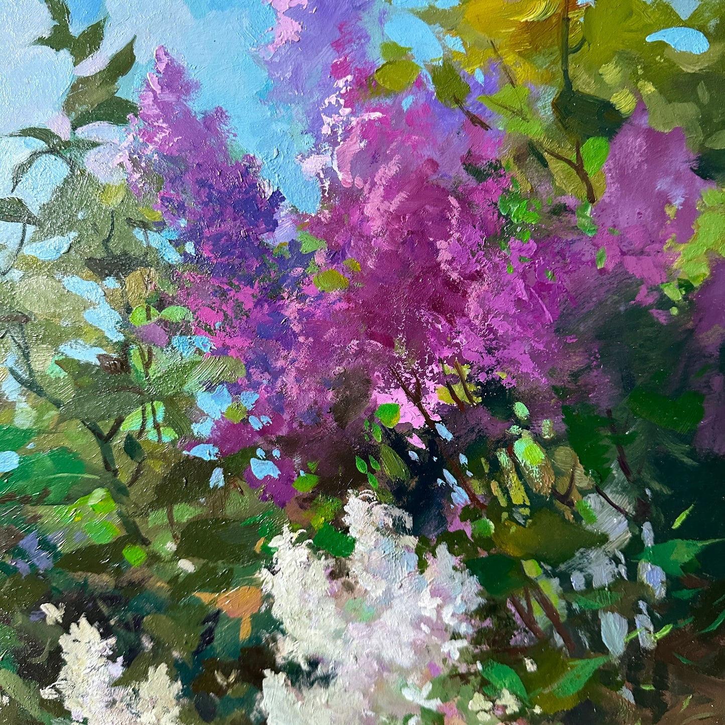 ORIGINAL PAINTING, modern painting, oil painting, impressionism, landscape, rural landscape, Spring bloom, Lilac, artist Yu. Suprunchuk