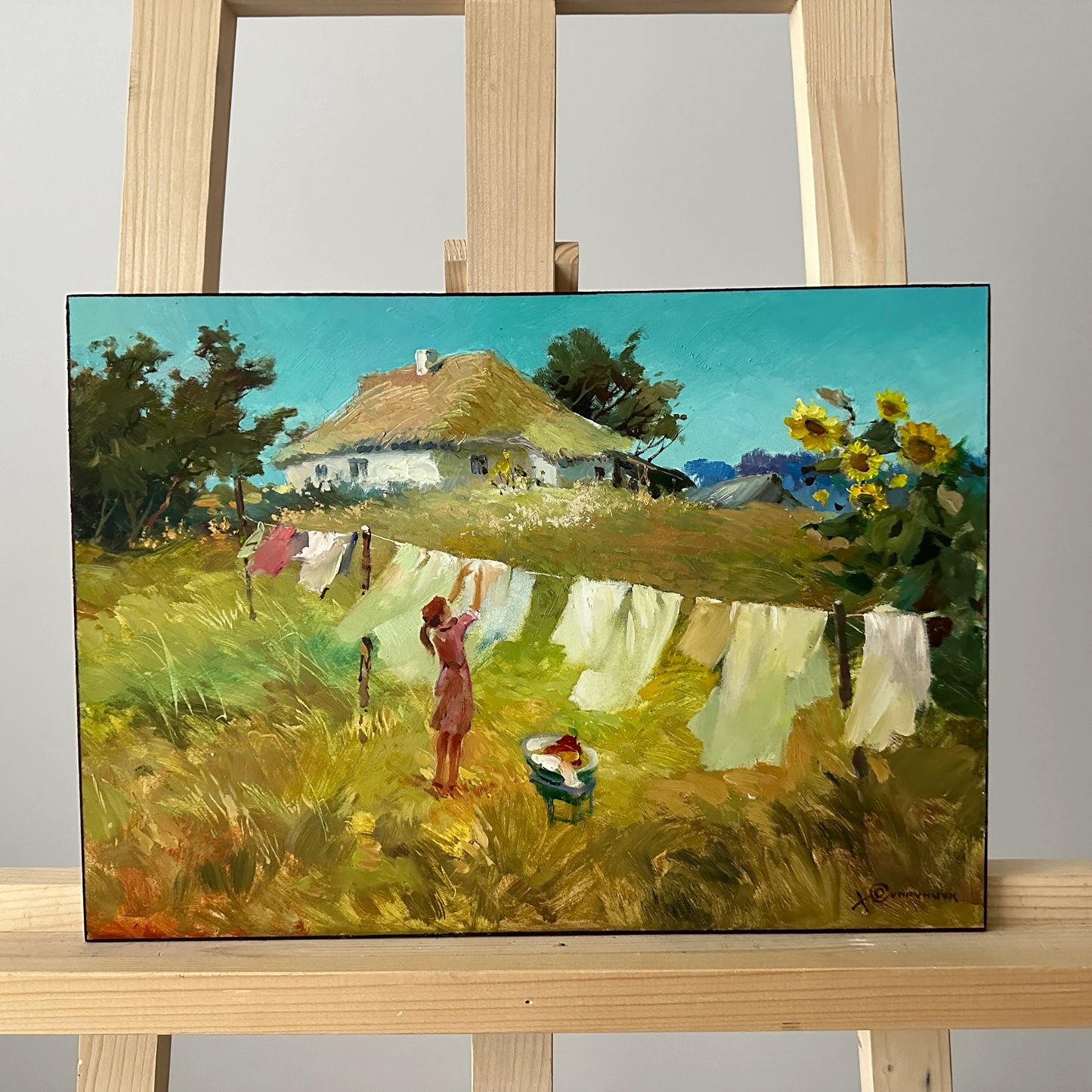 ORIGINAL PAINTING, modern painting, oil painting, impressionism, landscape, rural landscape, Country yard, Big Wash, artist Yu. Suprunchuk