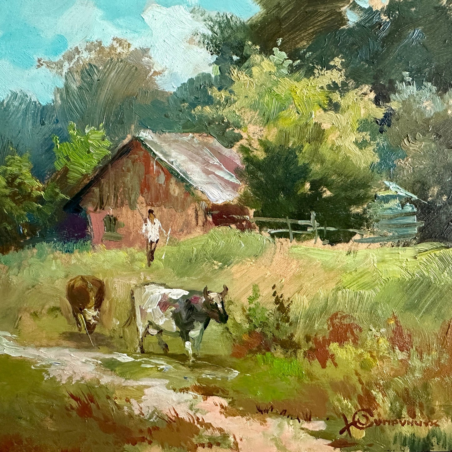 ORIGINAL PAINTING, modern painting, oil painting, impressionism, landscape, rural landscape, On the pasture, artist Yu. Suprunchuk