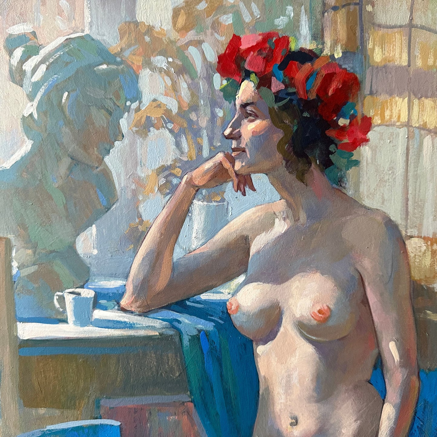 ORIGINAL PAINTING, modern painting, oil painting, impressionism, portrait, female portrait, nude, Near the window, artist N. Butkovsky