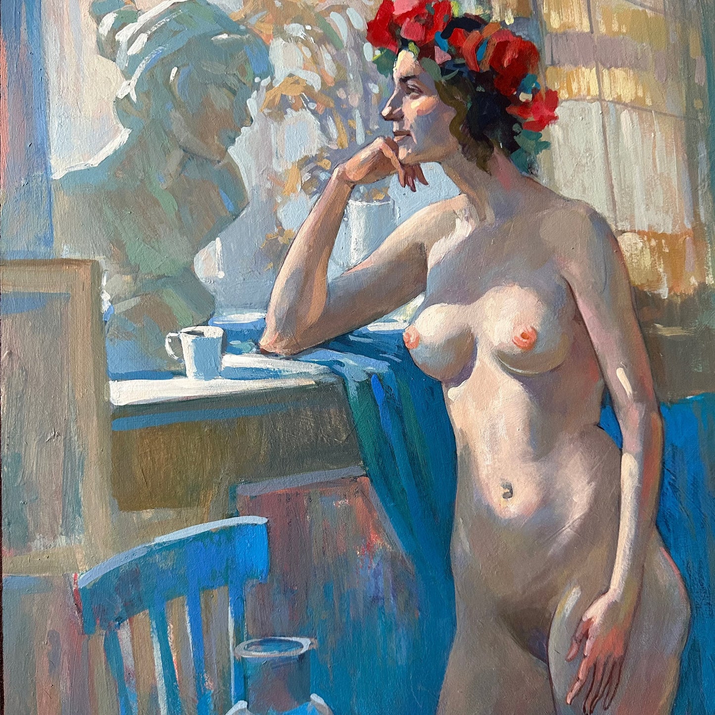 ORIGINAL PAINTING, modern painting, oil painting, impressionism, portrait, female portrait, nude, Near the window, artist N. Butkovsky