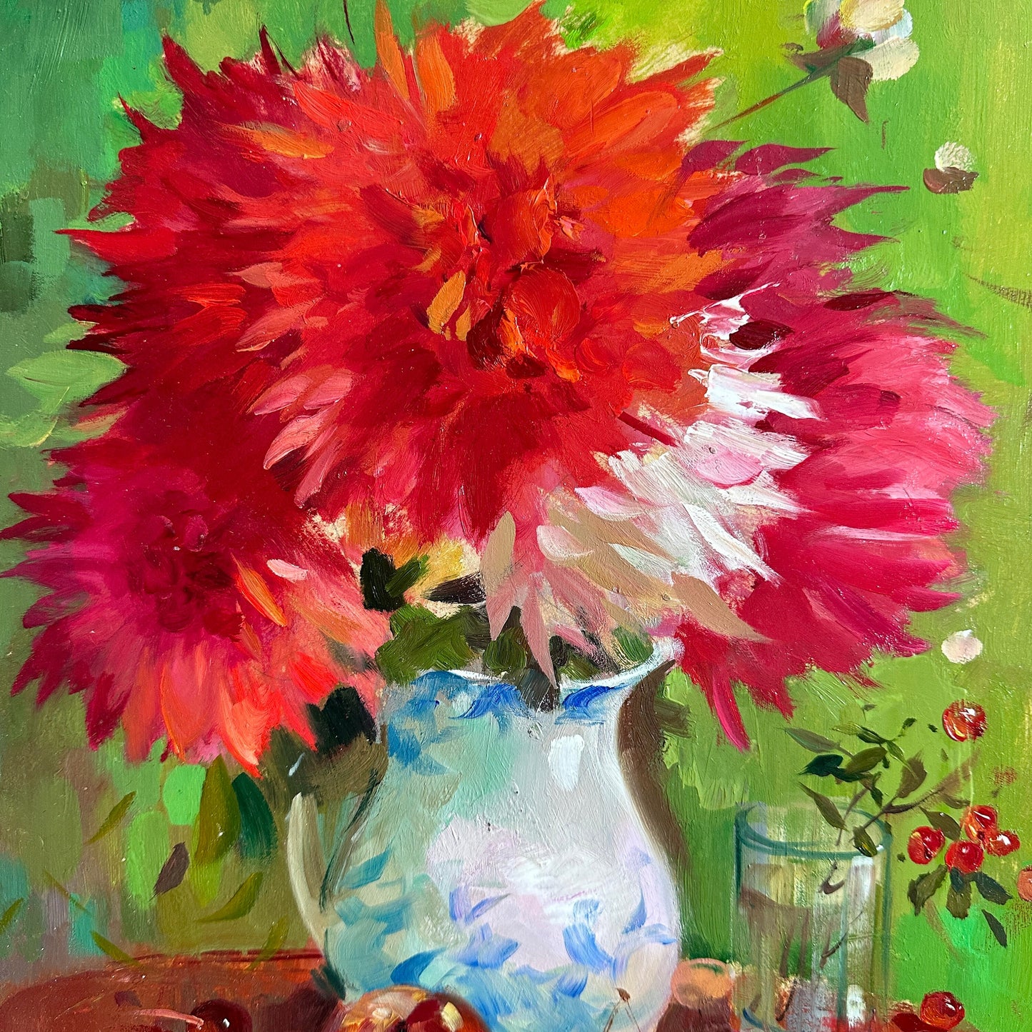 ORIGINAL PAINTING, oil painting, rural life, still life, Bouquet of red flowers, artist Yu. Suprunchuk